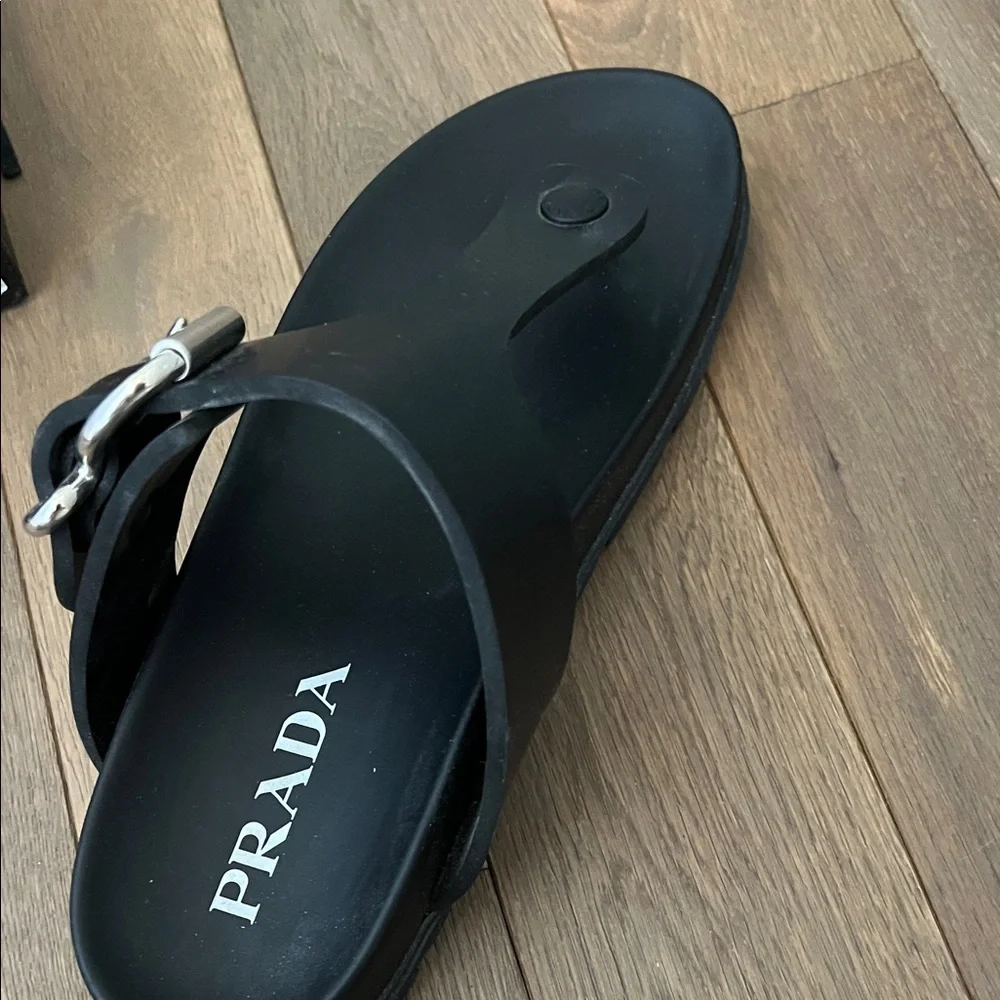 Prada Black Leather Thong Sandals with Silver Buckle